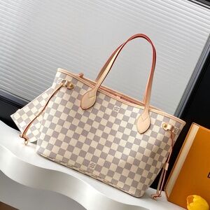 Louis Vuitton Beige Checkered Canvas Neverfull Tote with Tan Trim